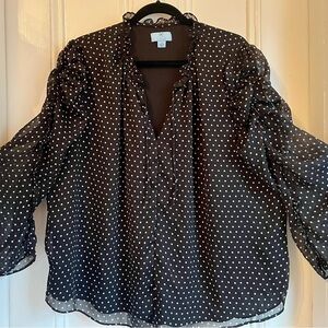 Black with white Polka Dot small Ruffled V-Neck Blouse, 2X